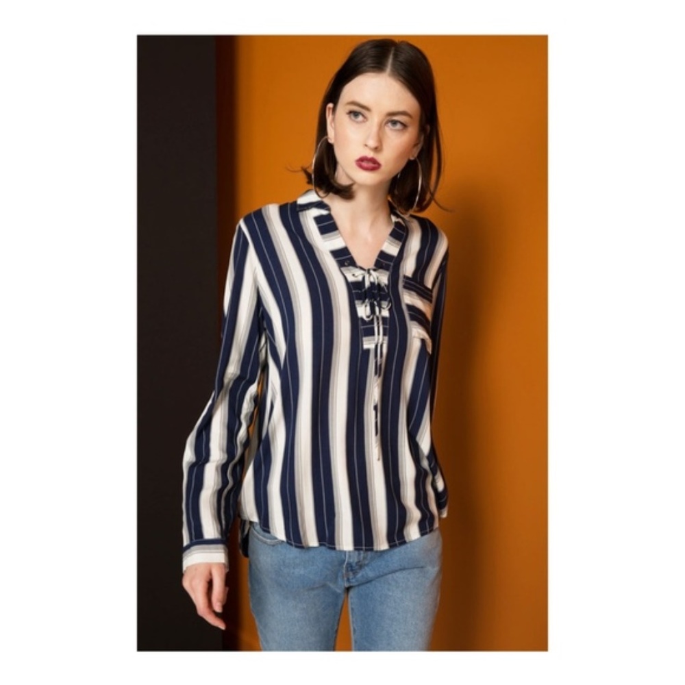 Mystree Stripe Lace Up Front Shirt